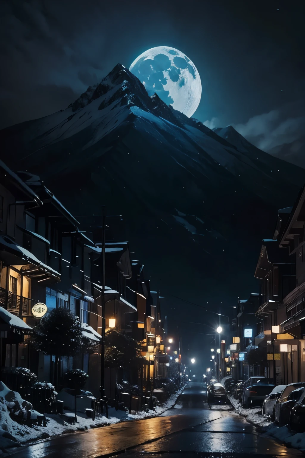 Snow Mountain，moon，night