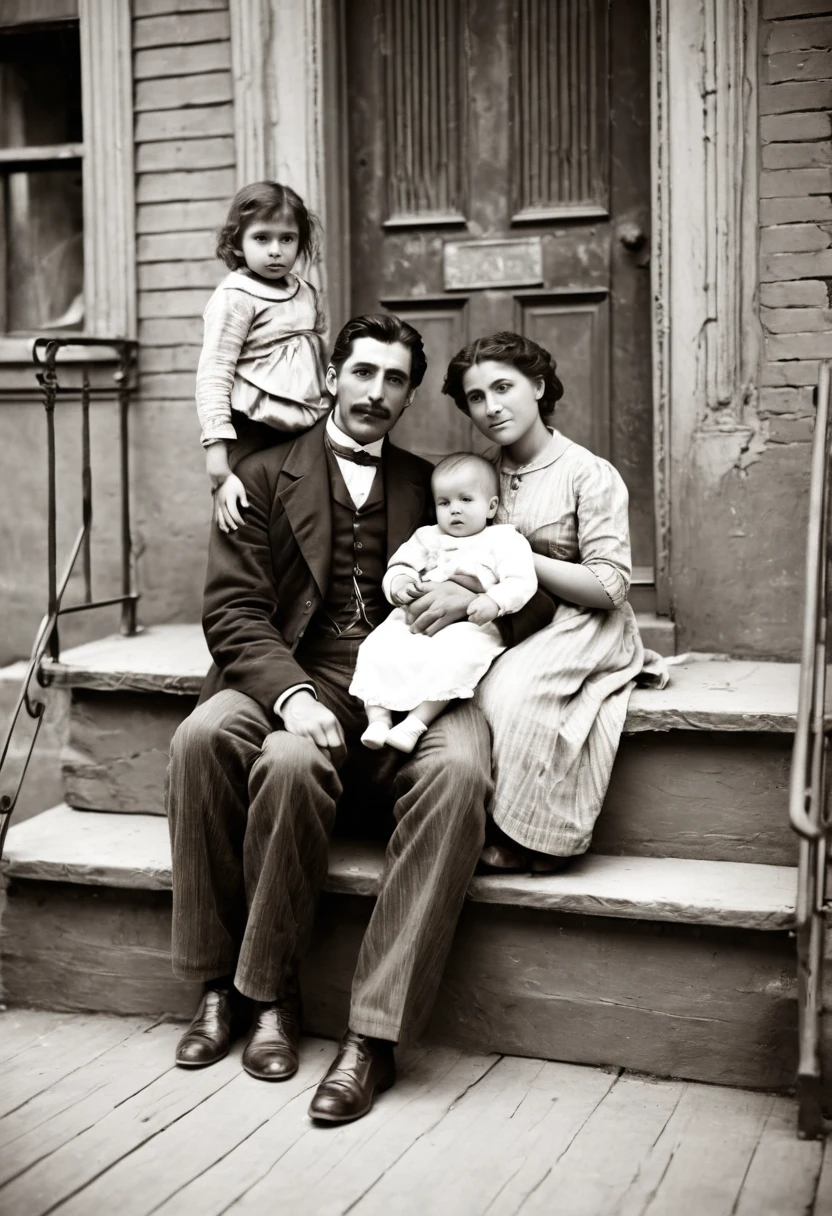 Painting, impressionist oil painting, retro feel, sepia tone, 1880s New York, Bronx, Little Italy, Italian immigrants, portrait of a poor young couple and their child in worn everyday clothes, they are smiling,