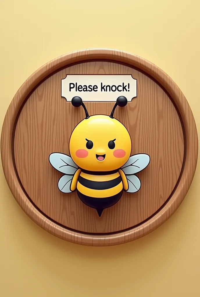 It says "please knock", kawaii bee, wood grain round-shaped cropped image, conceptual installation art, anime-style