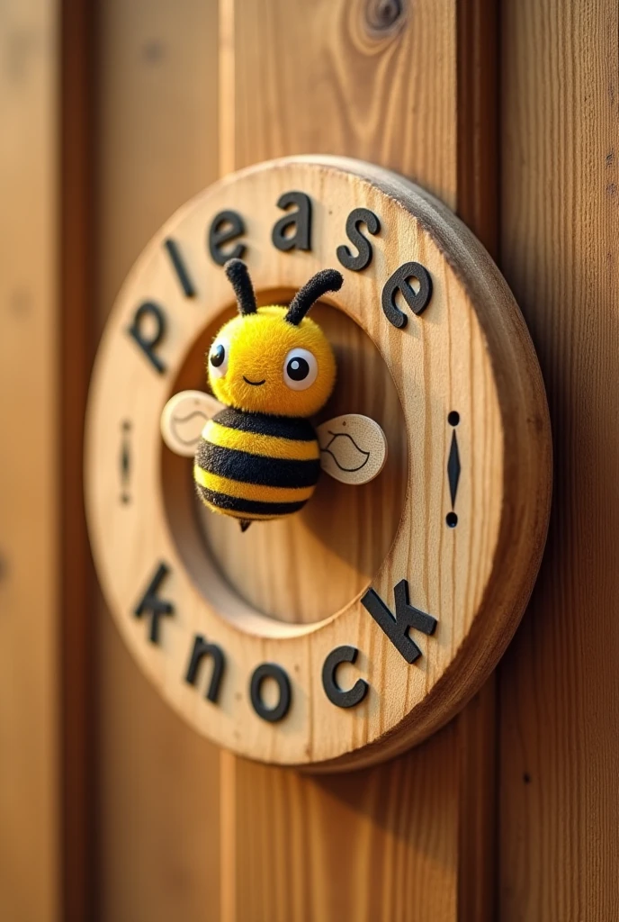 It says "please knock", kawaii bee, wood grain round-shaped cropped image, conceptual installation art