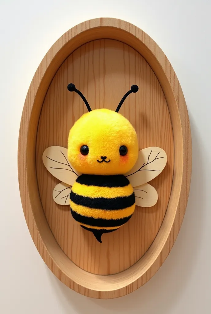 It says "please knock", kawaii bee, wood grain round-shaped cropped image, conceptual installation art