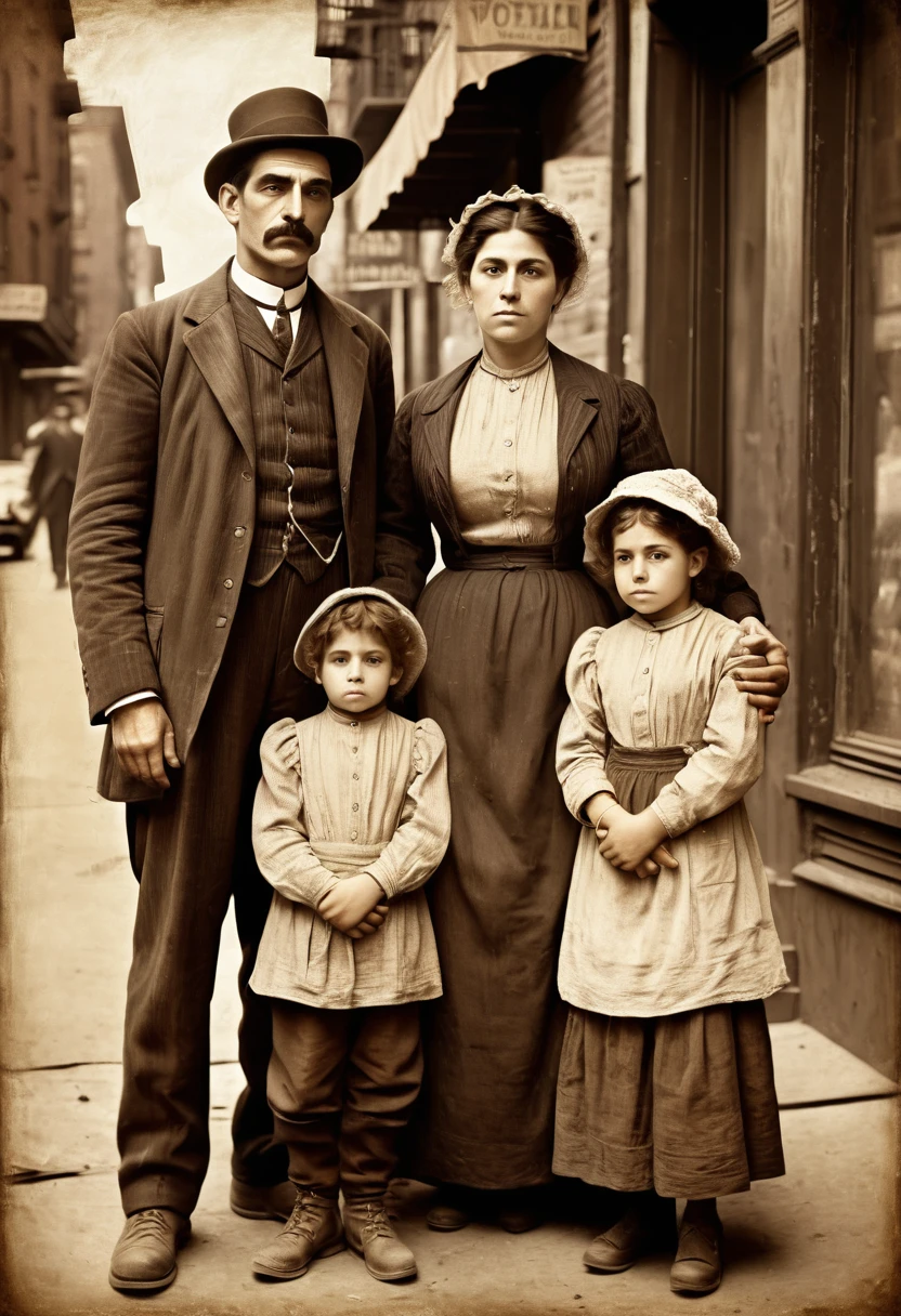 Painting, impressionist oil painting, retro feel, sepia tone, 1880s New York, Bronx, Little Italy, Italian immigrants, portrait of a poor young couple and their child in worn everyday clothes, they are smiling,