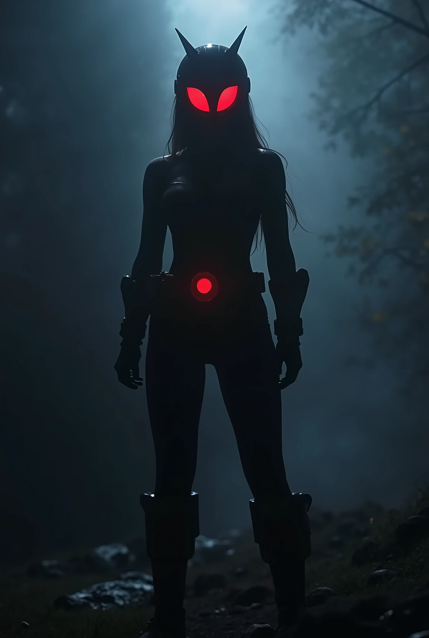 A tokusatsu dramatic scene: A subtle backlight revealed a silhouette of a heroic female ranger sentai, its helmet and belt glowing. 