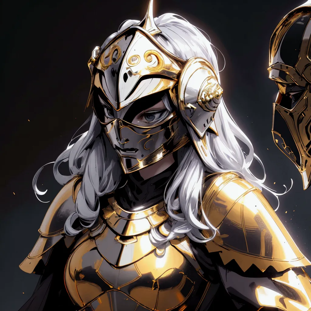 envision a 8k, highres, cinematic close up portrait of a female knight with ritual mask, full mask, hair in a bun, a slender bod...