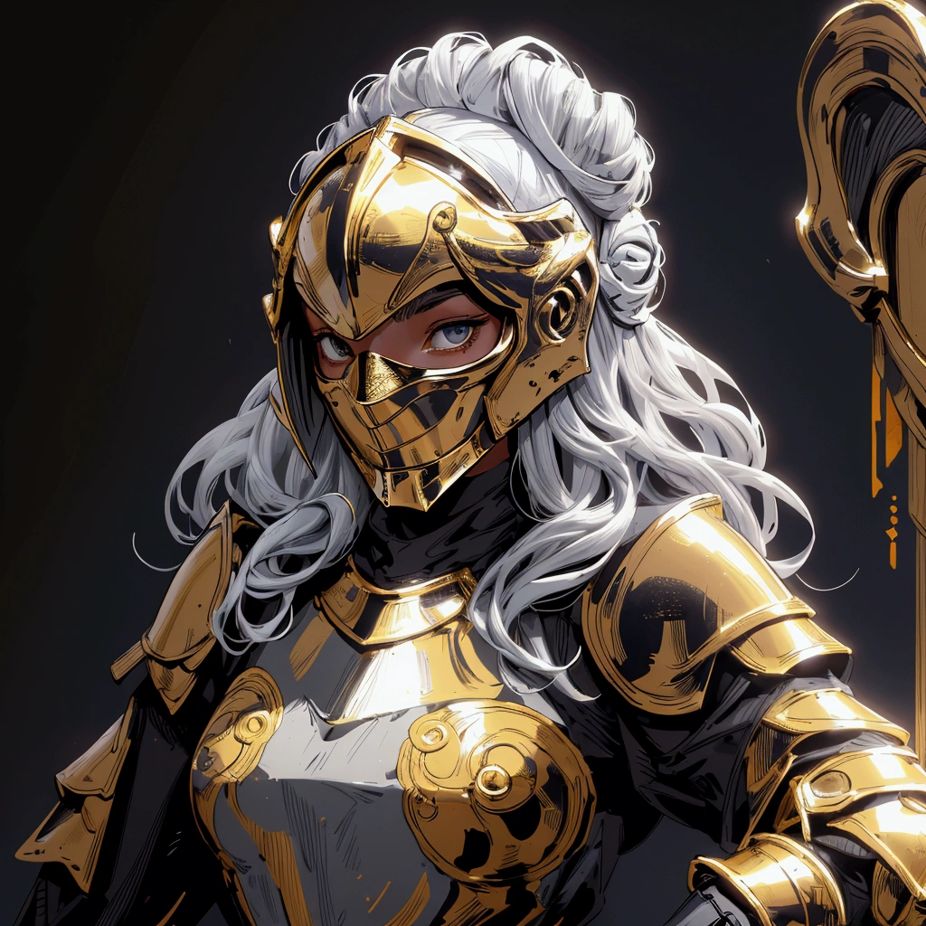 envision a 8k, highres, cinematic close up portrait of a Female Knight with Ritual mask, Full Mask, hair in a bun, a slender body with, ((helmet)), Light armor, Gold and Silver armor with against a dark gray background in the style of dark fantasy