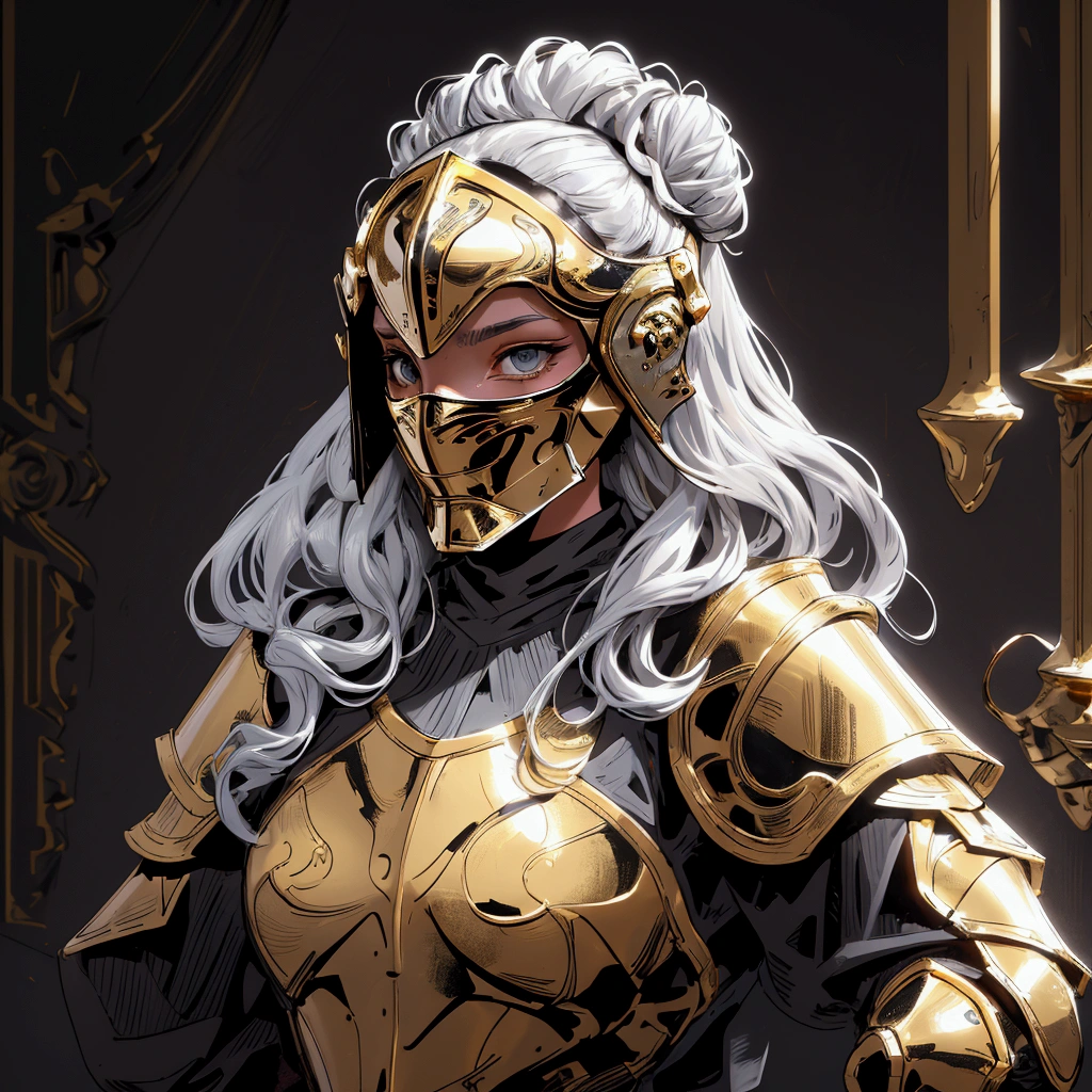 envision a 8k, highres, cinematic close up portrait of a Female Knight with Ritual mask, Full Mask, hair in a bun, a slender body with, ((helmet)), Light armor, Gold and Silver armor with against a dark gray background in the style of dark fantasy