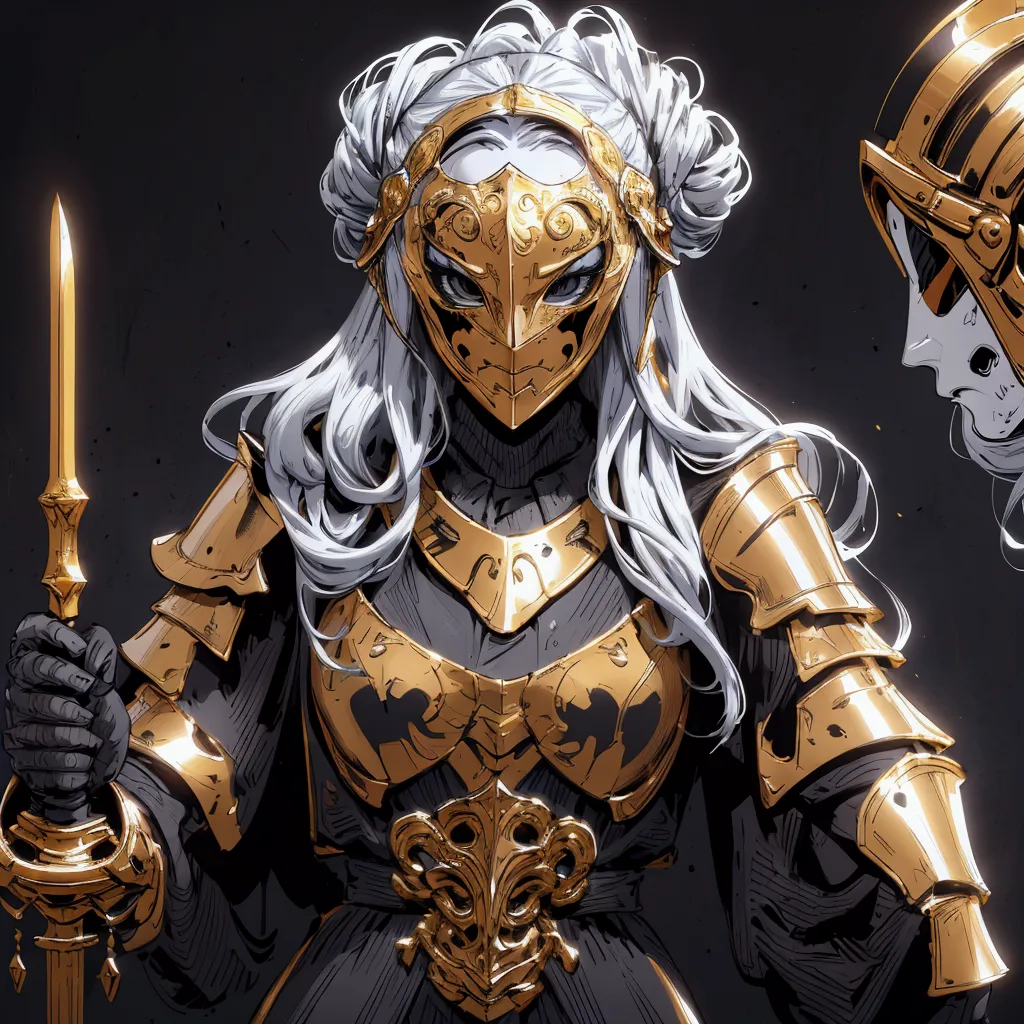 envision a 8k, highres, cinematic close up portrait of a female knight with ritual mask, full mask, hair in a bun, a slender bod...