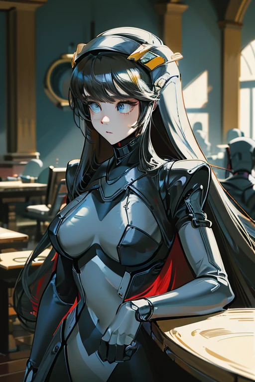 (masterpiece),(Highest quality),(Super detailed),(Best illustrations),(Best Shadow),(Absurd),(Detailed Background),(so beautiful), 16K, 8K, 4K,(Best Shadow),empty eyes,robotization,woman ,big bust,Robot Joint ,Metal skin,Black Suit,long hair,a black suit that covers the whole body,robot hand,cyber bodysuit,metal cat ear,rapunzel(nikke),cyber nun