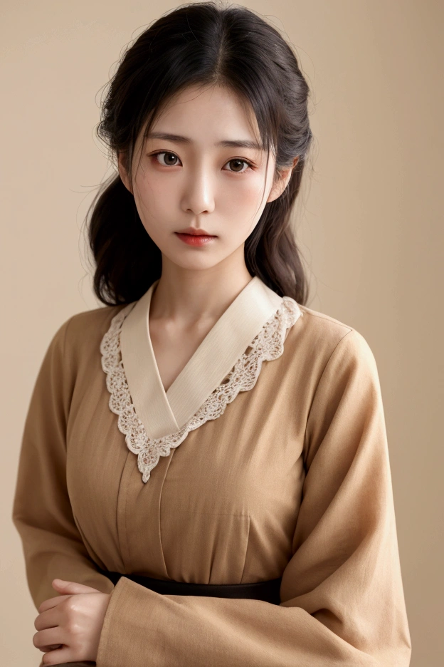 Japanese women,40s, hair is dry and brittle, Troubled expression, The upper body is visible, Wearing a blouse, simple background