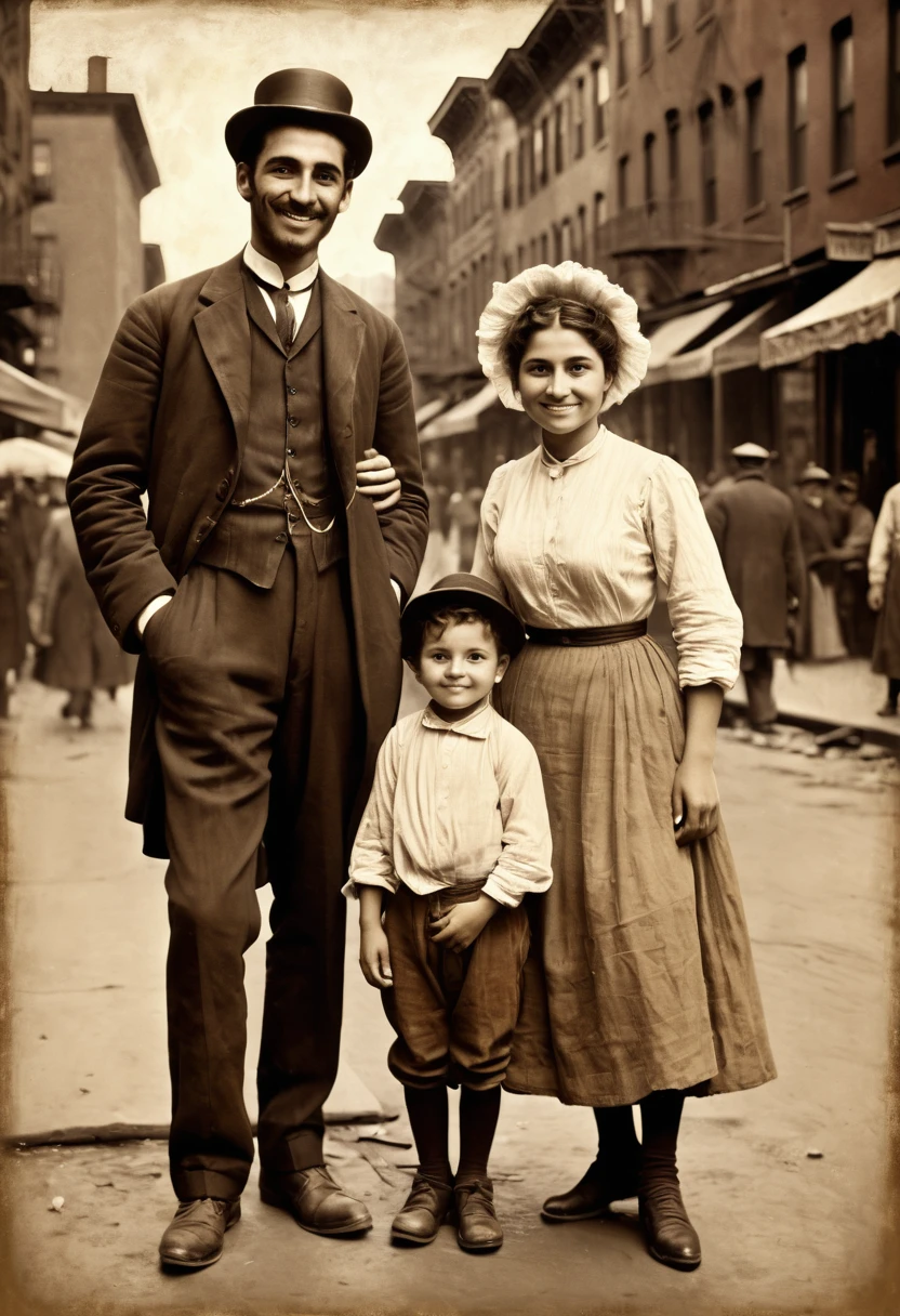 Painting, impressionist oil painting, retro feel, sepia tone, 1880s New York, Bronx, Little Italy, Italian immigrants, portrait of a poor young couple and their child in worn everyday clothes, they are smiling,