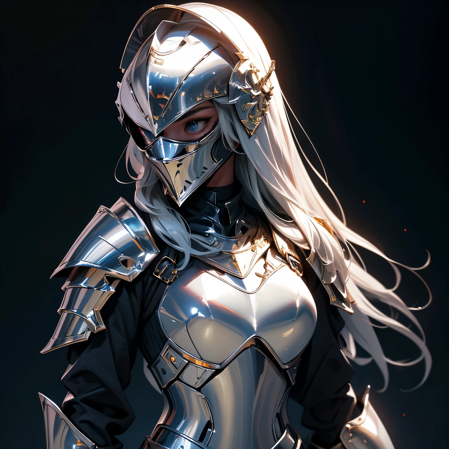 envision a 8k, highres, cinematic close up portrait of a ((Faceless)) Female Knight with helmet covering her whole face, a slender body with Full armored helmet, Light armor, Gold and Silver armor with against a dark gray background in the style of dark fantasy