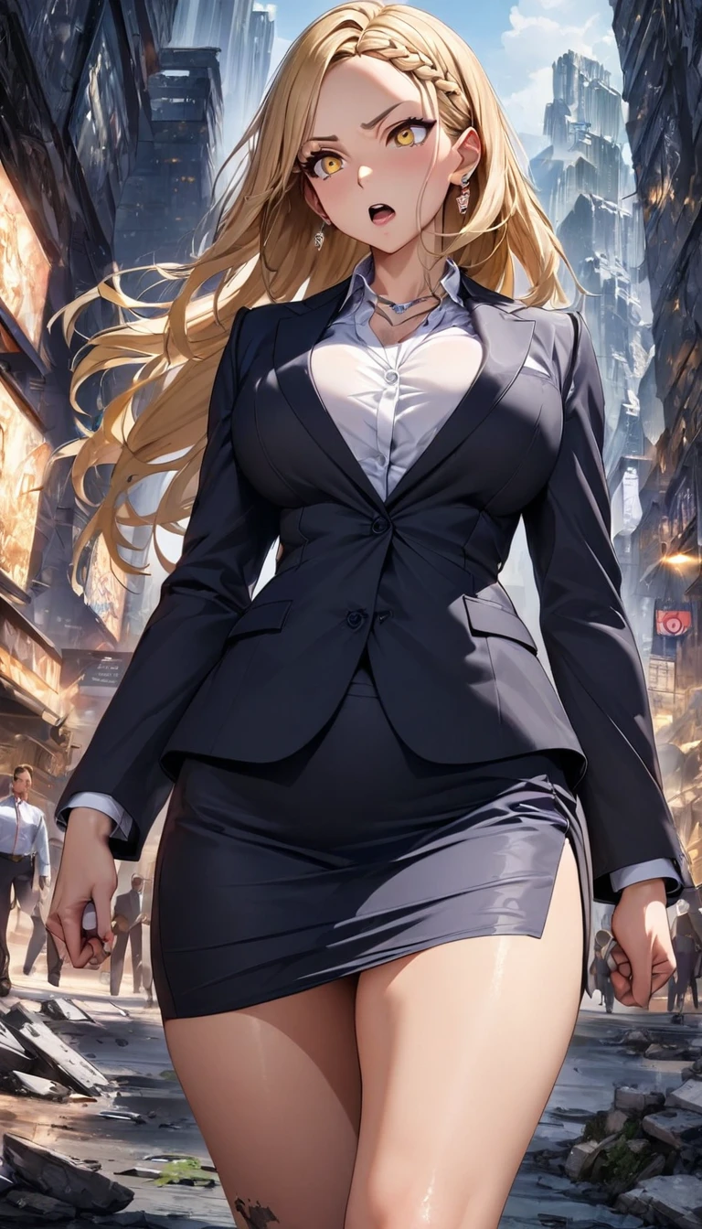 ((masterpiece)), ((high quality)),((ultra-detailed)), ((extremely detailed)), 4K,8K,wearing dark blue suit on beautiful buttocks, white collared shirt, dark blue pencil skirt, (white collared shirt), in office suits, black bra, office lady, 20 years old, a beautiful woman, necklace, big breast, big ass, 1, a beautiful woman, 1girl, solo, shoulder length hair, girl with yellow hair, ((forehead)), braided bangs, braided bangs on left, perfect hands, perfect face, perfect eyes, perfect legs, shilver earrings, black and yellow eyes, beauty eyes, fighting, walking, black tattoo on right thigh, clenched hand, ((broken city background)), stylish body, muscular body, straight-on, furious, open mouth, 1 girl, office lady, earrings, necklace, best quality