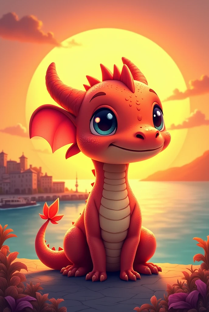 cute small dragon and sunset backlight{
backlight effect (Brightness and contrast of emotions)
background is joyfull sketch Gentle tone with coast and port town.
}

happy smile illustration(good painting) graphic style{
cute pop touch{
(bright colorful ink.smooth thin line.good effect color.gentle decoration.depth effect.three-dimensionality effect.)
}
Add the taste of a professional illustrator.
}