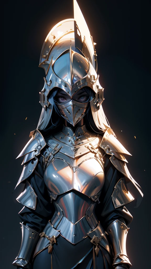 envision a 8k, highres, cinematic full body concept art of a ((Faceless)) Female Knight with helmet covering her whole face, a slender body with Full armored helmet, Light armor, Gold and Silver armor with against a dark gray background in the style of dark fantasy