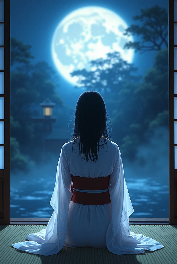 Moonlit Night、A scene of dazzling moonlight seen from above an indoor tatami mat、Japan shoji、Seated woman silhouette、The woman&#39;s white yukata is transparent、Backlight、The lights are off indoors、fog、Japanese garden