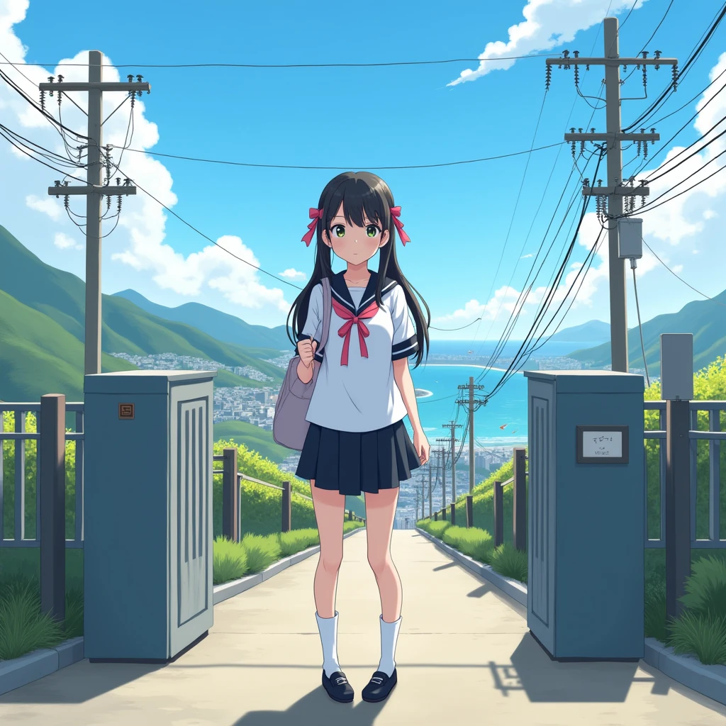 smartphone game,
1girl.
She is wearing a short sleeves white serafuku with black sailor collar with pink ribbon.
She is wearing a black skirt.
She has a very long low twintails with red ribbons. very long low pigtails, black hair.
Bag, late teens, small breasts, dark brown eyes.
Outside, school, school gate, electric pole, electric wire, hills, srope road, city scape, port city with mountains nearby, coastline, blue sky, daytime, horizon.
From front. Japanese.