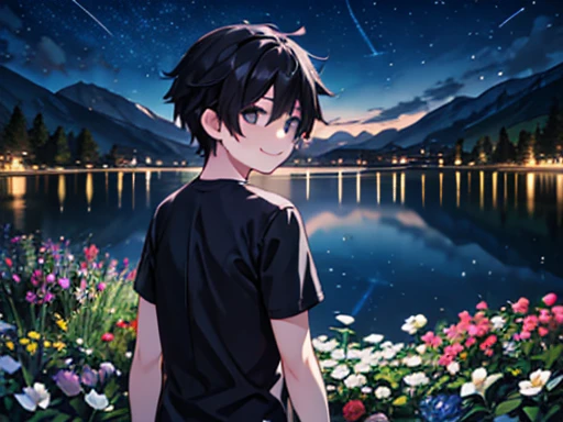 1 boy, Night view, shooting star, Flower garden, lake, Black short hair, He is wearing a grey shirt, He smiles gently