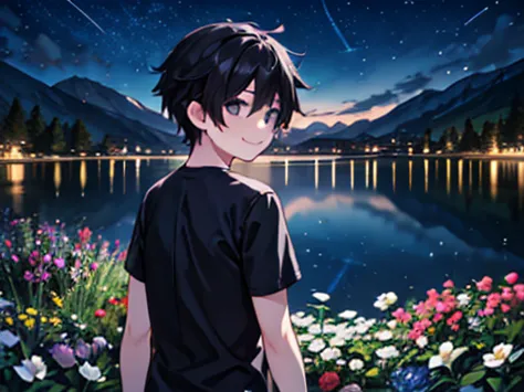 1 boy, night view, shooting star, flower garden, lake, black short hair, he is wearing a grey shirt, he smiles gently