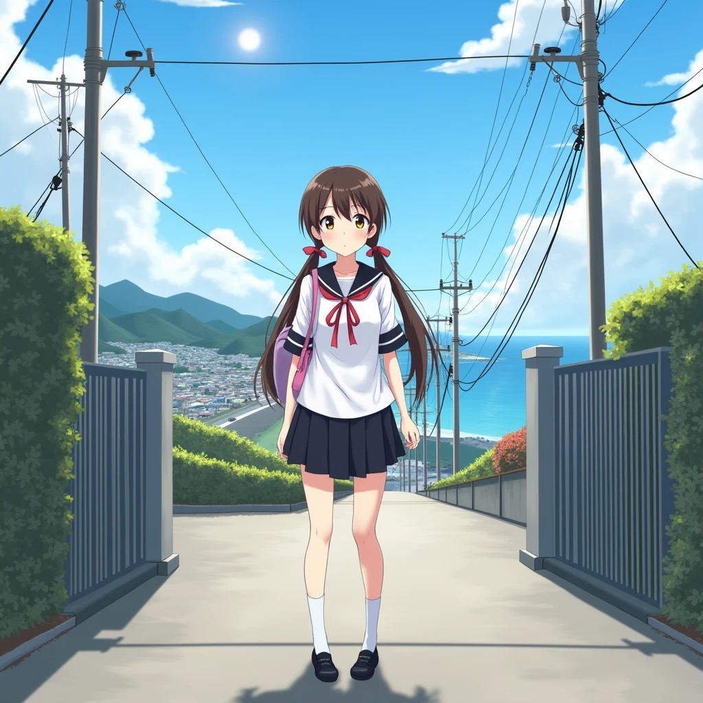 smartphone game,
1girl.
She is wearing a short sleeves white serafuku with black sailor collar with pink ribbon.
She is wearing a black skirt.
She has a very long low twintails with red ribbons. very long low pigtails, black hair.
Bag, late teens, small breasts, dark brown eyes.
Outside, school, school gate, electric pole, electric wire, hills, srope road, city scape, port city with mountains nearby, coastline, blue sky, daytime, horizon.
From front. Japanese.