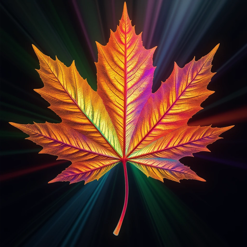 Abstract geometric art. An extreme close-up of a giant crystal maple leaf, backlit by a powerful light source. The intricate network of veins acts as a prism, casting mesmerizing colorful rainbow rays and colorful geometric shapes, shimmer. Abstract geometric art. Fantasy world background.