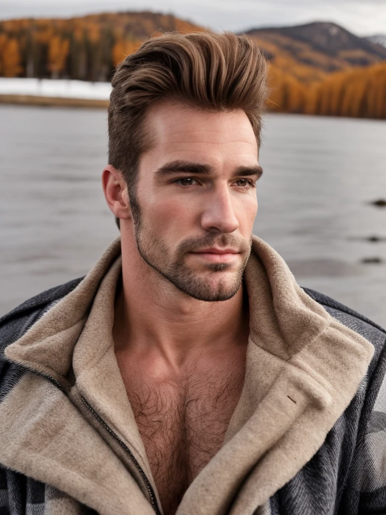 hair, portrait of a ruggedly handsome, muscular, half body, masculine, mature, Retrato de un joven, Muscular very handsome and attractive spanis men, old male, Retrato de un joven, Muscular, real,  winter, autunmal landscape, sport jacket.