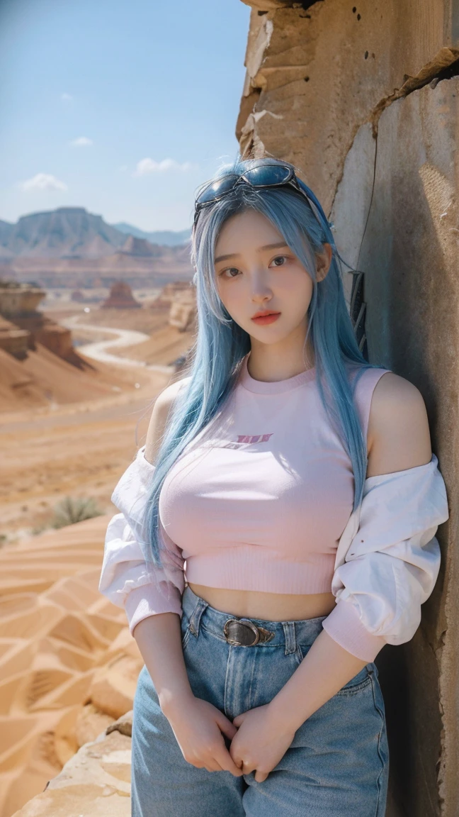 masterpiece, best quality, ultra-realistic, A young woman with flowing pastel pink and blue hair, squat pose against a clear blue sky, wearing futuristic goggles atop her head. She sports a rugged, form-fitting military-style outfit with various pockets and a utility belt. Her attire features tactical elements and visible tattoos on her arms, enhancing her bold, confident appearance. The background reveals a desert landscape, emphasizing her adventurous spirit.