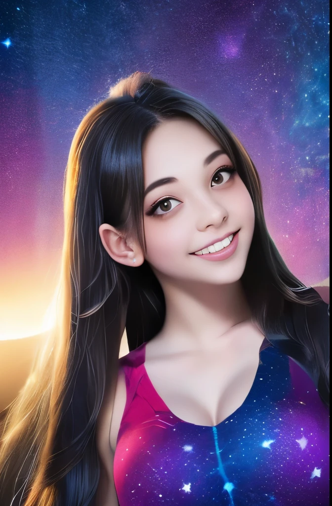 High detail, super detail, super high resolution, girl enjoying her time in the dream galaxy, surrounded by stars, warm light sprinkled on her, background is starry sky with colorful galaxies and galaxy clouds, stars flying around her, delicate face, adding playful atmosphere 