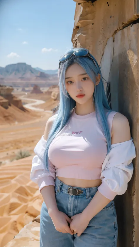 masterpiece, best quality, ultra-realistic, a young woman with flowing pastel pink and blue hair, squat pose against a clear blu...