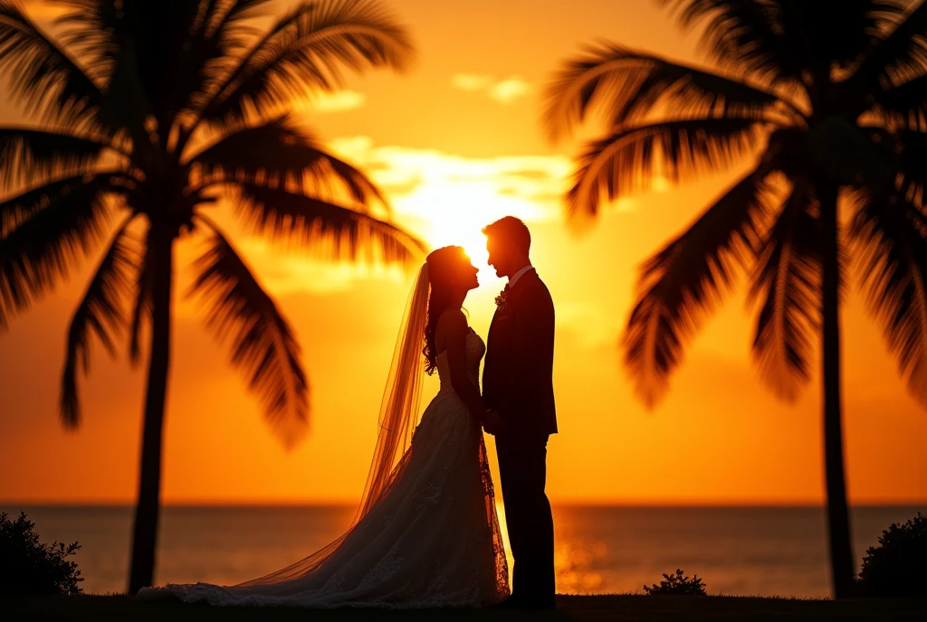 Bride and groom silhouetted at sunset with palm trees in the background, wedding photography, professional wedding photography, at sunset, dramatic backlighting, golden hour photography, wedding, wedding photo, happy couple, backlit photography sample, beautiful backlight Beautiful Backlight, Golden Hour Sunset Light, Photo taken with Nikon D 7 5 0 , ((masterpiece, Highest quality, Best image quality, High resolution, Realistic, RAW Photos, 8k, Highly detailed CG synthesis 8k wallpaper)), (Huge and stunning goddess shot, Very hot and sexy, Incredible beauty, Perfect Proportions, Beautiful body, Slim body beauty:1.4), 