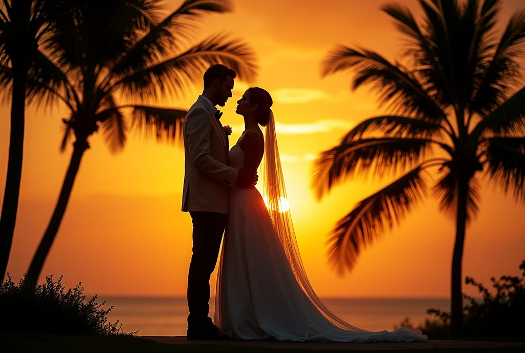 Bride and groom silhouetted at sunset with palm trees in the background, wedding photography, professional wedding photography, at sunset, dramatic backlighting, golden hour photography, wedding, wedding photo, happy couple, backlit photography sample, beautiful backlight Beautiful Backlight, Golden Hour Sunset Light, Photo taken with Nikon D 7 5 0 , ((masterpiece, Highest quality, Best image quality, High resolution, Realistic, RAW Photos, 8k, Highly detailed CG synthesis 8k wallpaper)), (Huge and stunning goddess shot, Very hot and sexy, Incredible beauty, Perfect Proportions, Beautiful body, Slim body beauty:1.4), 