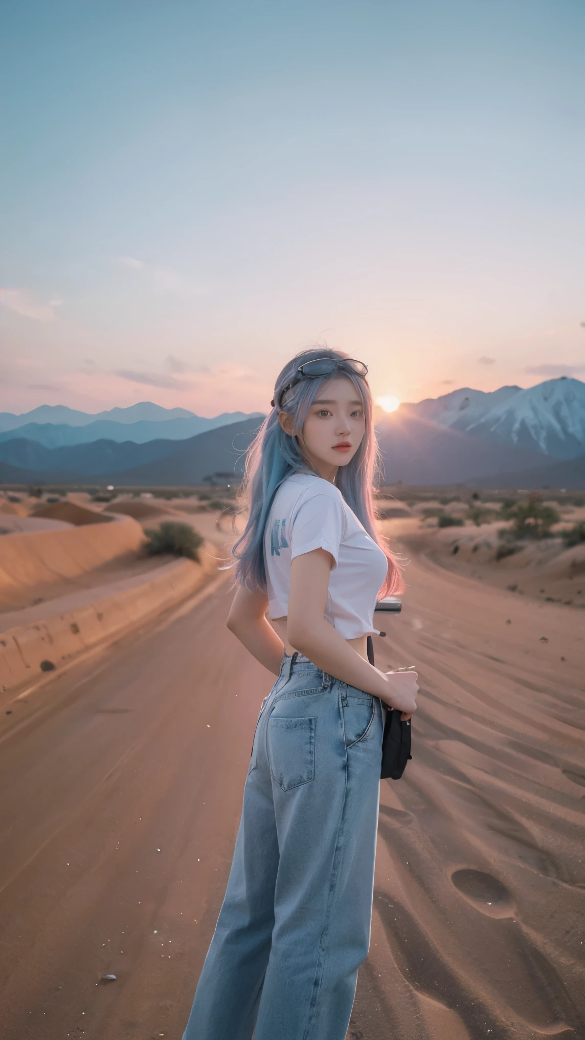 masterpiece, best quality, ultra-realistic, A young woman with flowing pastel pink and blue hair, stand pose against viewer, backview, wearing futuristic goggles atop her head. She sports a rugged, form-fitting military-style outfit with various pockets and a utility belt. Her attire features tactical elements and visible tattoos on her arms, enhancing her bold, confident appearance. The background reveals a desert landscape, emphasizing her adventurous spirit.