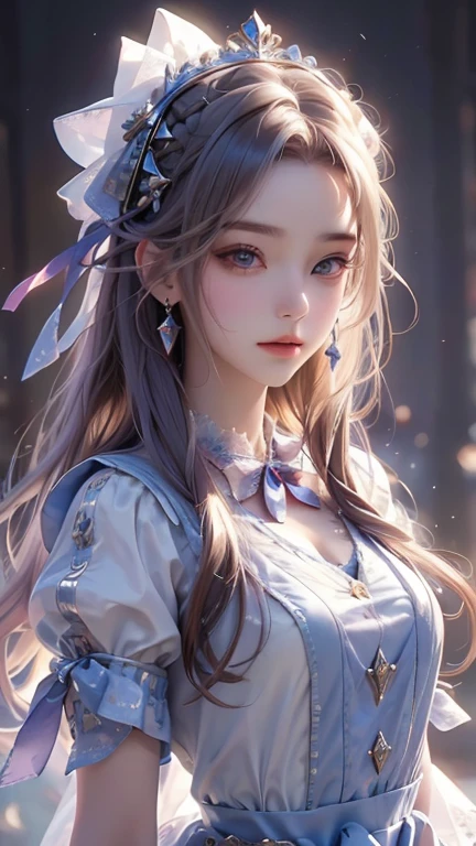 One girl, masterpiece, Highest quality, 8k, Detailed skin texture, Detailed cloth texture, Beautifully detailed face, Intricate details, Super detailed, Alice in Wonderland, (A ribbon on her head:1.1), Upper Body