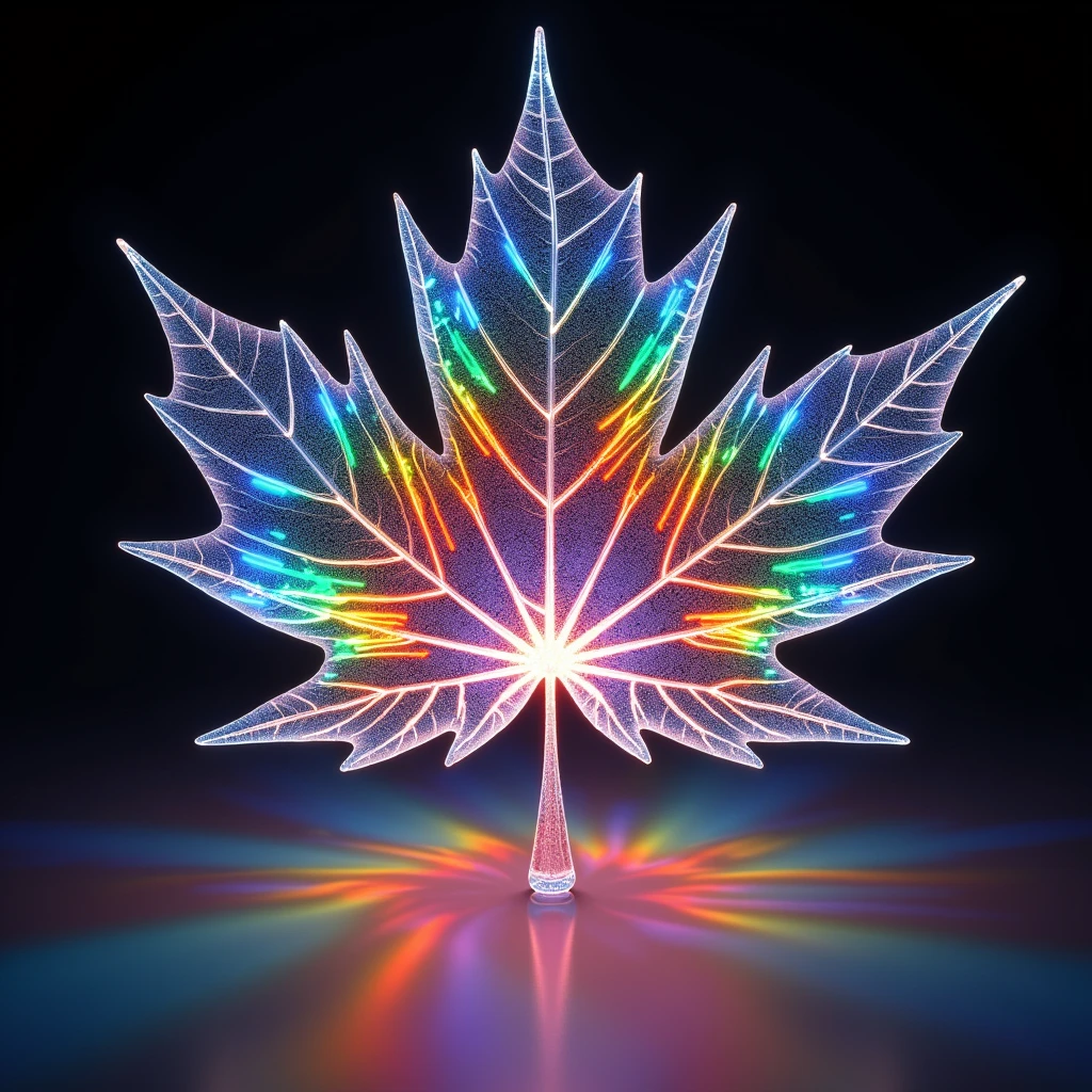 Abstract geometric art. An extreme close-up of a giant crystal maple leaf, backlit by a powerful light source. The intricate network of veins acts as a prism, casting mesmerizing colorful rainbow rays and colorful geometric shapes, shimmer. Abstract geometric art. Fantasy world background.