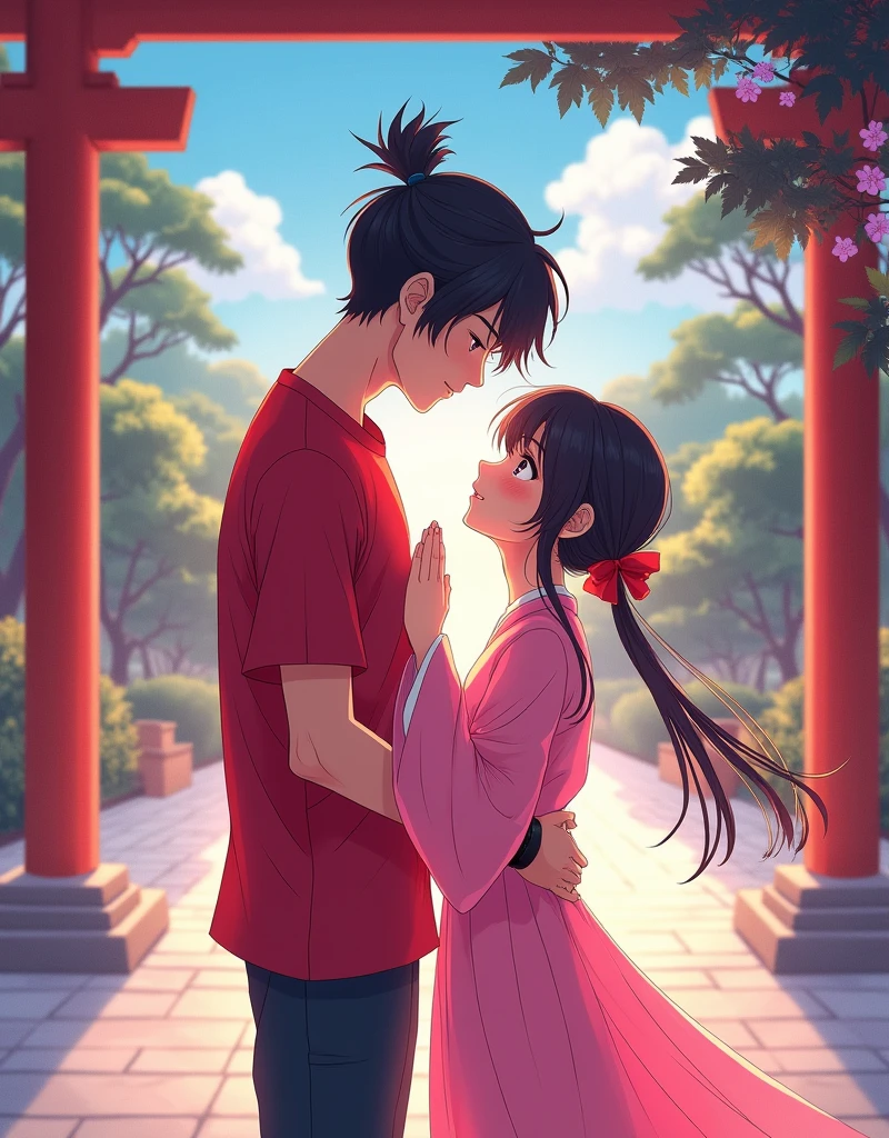  Anime style, vibrant colors, an adult tall boy, messy man bun, wearing a red shirt, and a girl wearing full pink clothes, in a temple praying together, romantic, blushing.