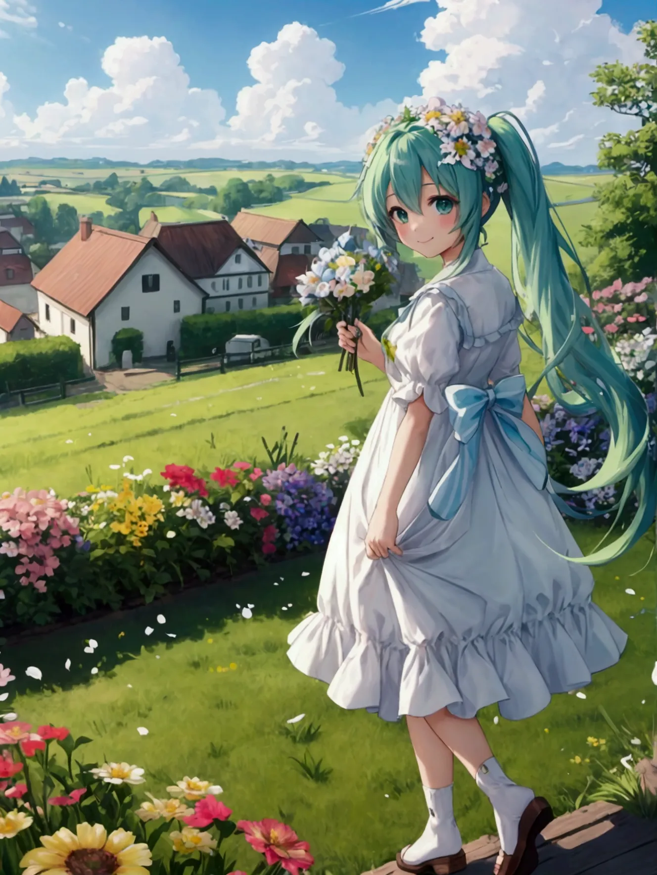 highest quality、super resolution,4k、８k、 beautiful and wonderful landscape oil painting、hatsune miku、long green hair、green eyes、b...