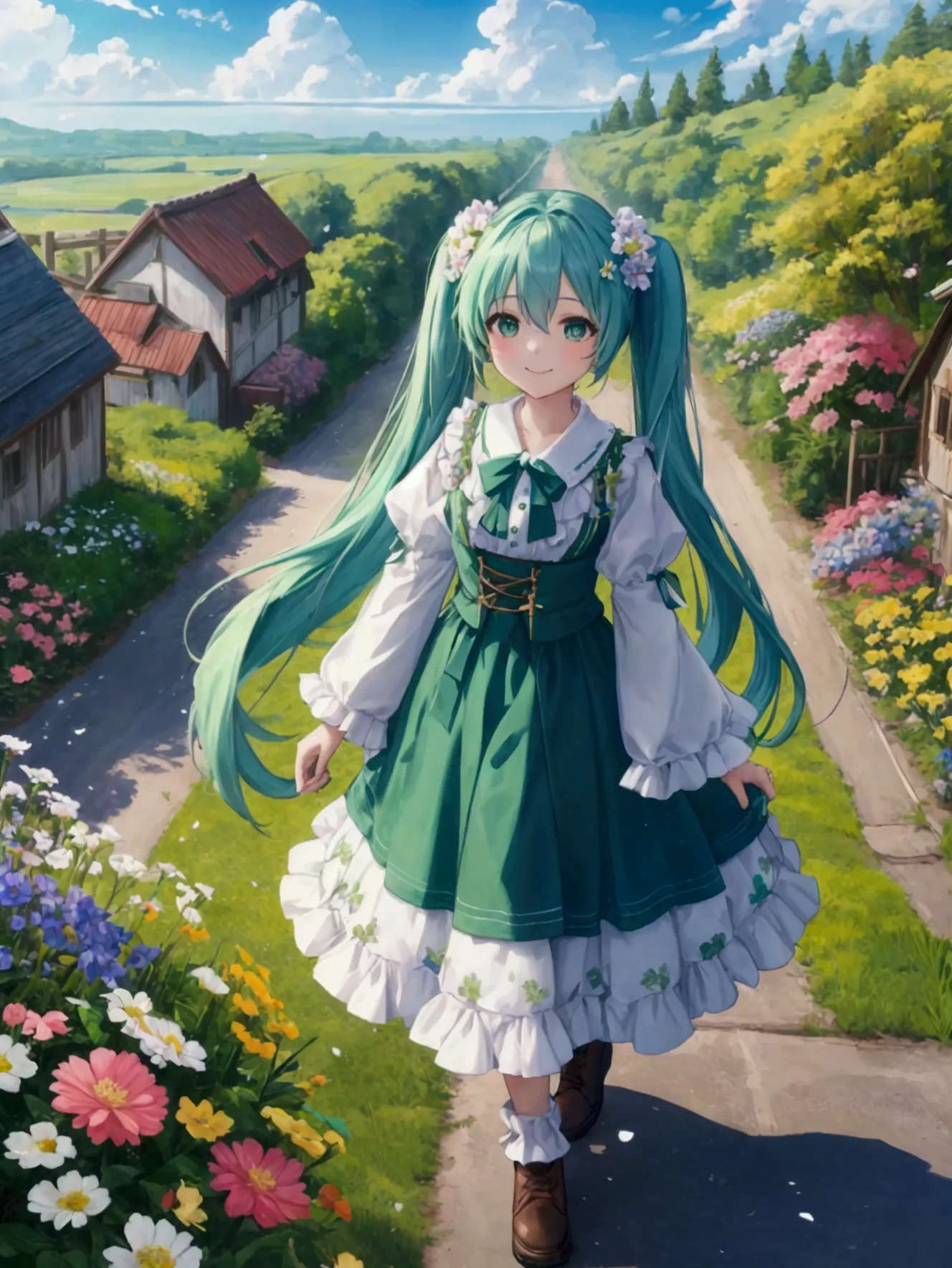 highest quality、super resolution,4k、８k、 beautiful and wonderful landscape oil painting、hatsune miku、long green hair、green eyes、b...