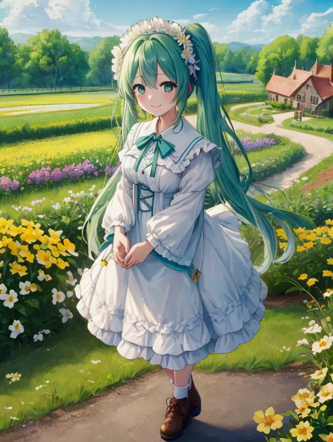 highest quality、super resolution,4k、８k、 beautiful and wonderful landscape oil painting、hatsune miku、long green hair、green eyes、b...