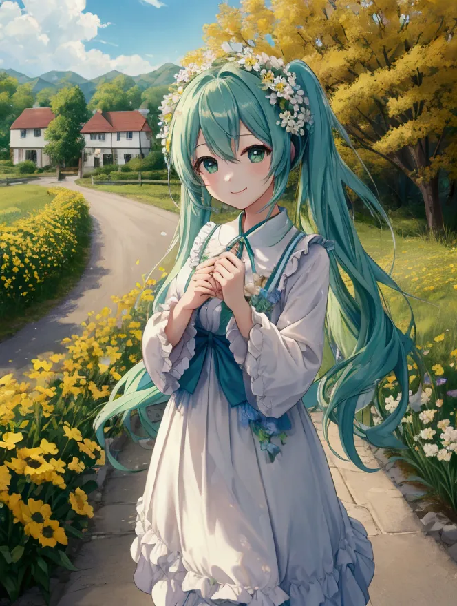 highest quality、super resolution,4k、８k、 beautiful and wonderful landscape oil painting、hatsune miku、long green hair、green eyes、b...