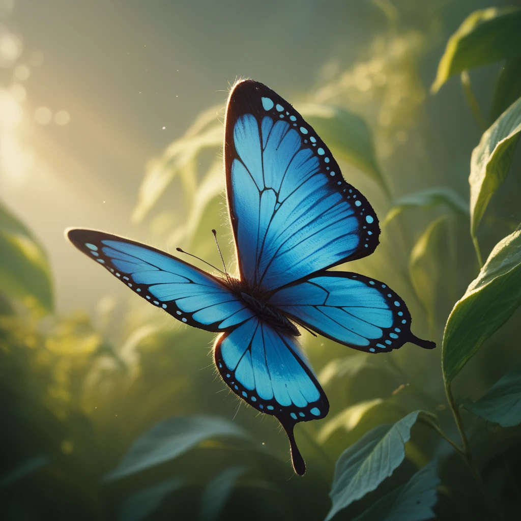 A butterfly taking flight, beautifully highlighted by the backlight,Detailed and delicate,Highest quality,Highest quality,masterpiece,Blue Hour,