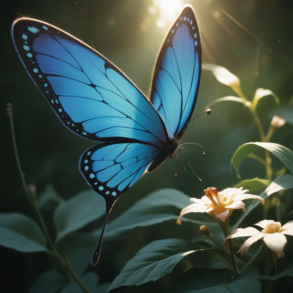 A butterfly taking flight, beautifully highlighted by the backlight,Detailed and delicate,Highest quality,Highest quality,masterpiece,Blue Hour,