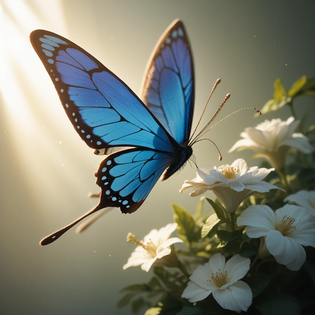 A butterfly taking flight, beautifully highlighted by the backlight,Detailed and delicate,Highest quality,Highest quality,masterpiece,Blue Hour,