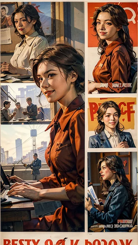 (best quality:1.2),poster分为上中下三部分， people holding up red book covers，smile, profile,dynamic angle， soviet union, poster,  8k，mas...