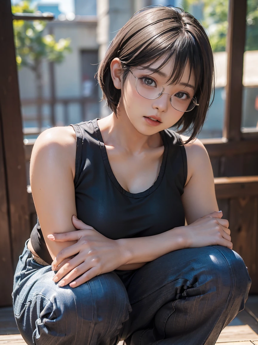 8k, RAW Photos, Highest quality, masterpiece, Realistic, Realistic, (1 Ultimate beauty), ((Cosplayer wearing a sleeveless shirt and wide pants)),(Strictly adhere to a composition where only one person appears in the photo)、(By the pool)(Wear rimless glasses)((Get into a squat position))Highly detailed face, (Perfect Teeth), fine grain, double eyelid, eyelash, Lip details, (((Black short bob hair), (((Very large breasts)))Big Breasts,(((Accentuate the crotch)))(((Accentuate the crotch)))((Sexy pose))Cowboy Shot,  Soft Light, ((Written boundary depth)) 
Proceed with caution，((,Japanese women)), (((moderately fleshy body, Tight waist))), (((Realistic))(((Front view)))