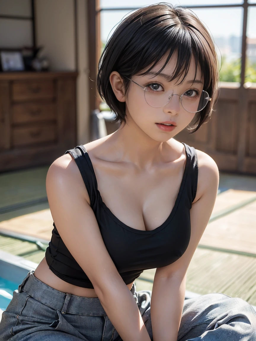 8k, RAW Photos, Highest quality, masterpiece, Realistic, Realistic, (1 Ultimate beauty), ((Cosplayer wearing a sleeveless shirt and wide pants)),(Strictly adhere to a composition where only one person appears in the photo)、(By the pool)(Wear rimless glasses)((Get into a squat position))Highly detailed face, (Perfect Teeth), fine grain, double eyelid, eyelash, Lip details, (((Black short bob hair), (((Very large breasts)))Big Breasts,(((Accentuate the crotch)))(((Accentuate the crotch)))((Sexy pose))Cowboy Shot,  Soft Light, ((Written boundary depth)) 
Proceed with caution，((,Japanese women)), (((moderately fleshy body, Tight waist))), (((Realistic))(((Front view)))