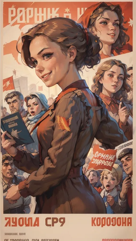 (best quality:1.2),poster分为上中下三部分， people holding up red book covers，smile, profile,dynamic angle， soviet union, poster, fashion...