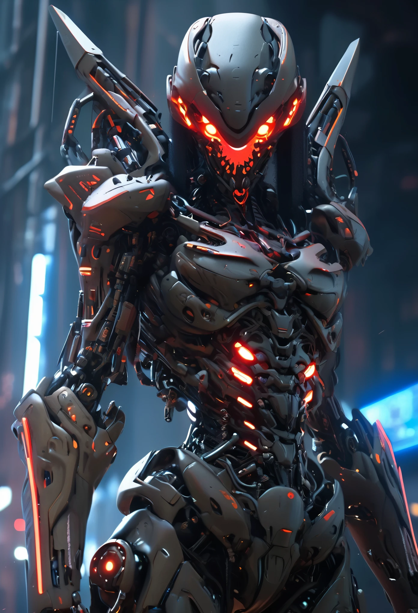 a heavily armed female android modeled after a terrifying demonic appearance, evil android, dark futuristic science fiction, hyper-detailed, cinematic lighting, dramatic chiaroscuro, muted color palette, (best quality,4k,8k,highres,masterpiece:1.2),ultra-detailed,(realistic,photorealistic,photo-realistic:1.37),intricate mechanical details, ominous atmosphere, intimidating presence, mechanical limbs, glowing red eyes, sharp fangs, sinister expression, advanced weaponry, cyberpunk, dystopian, moody