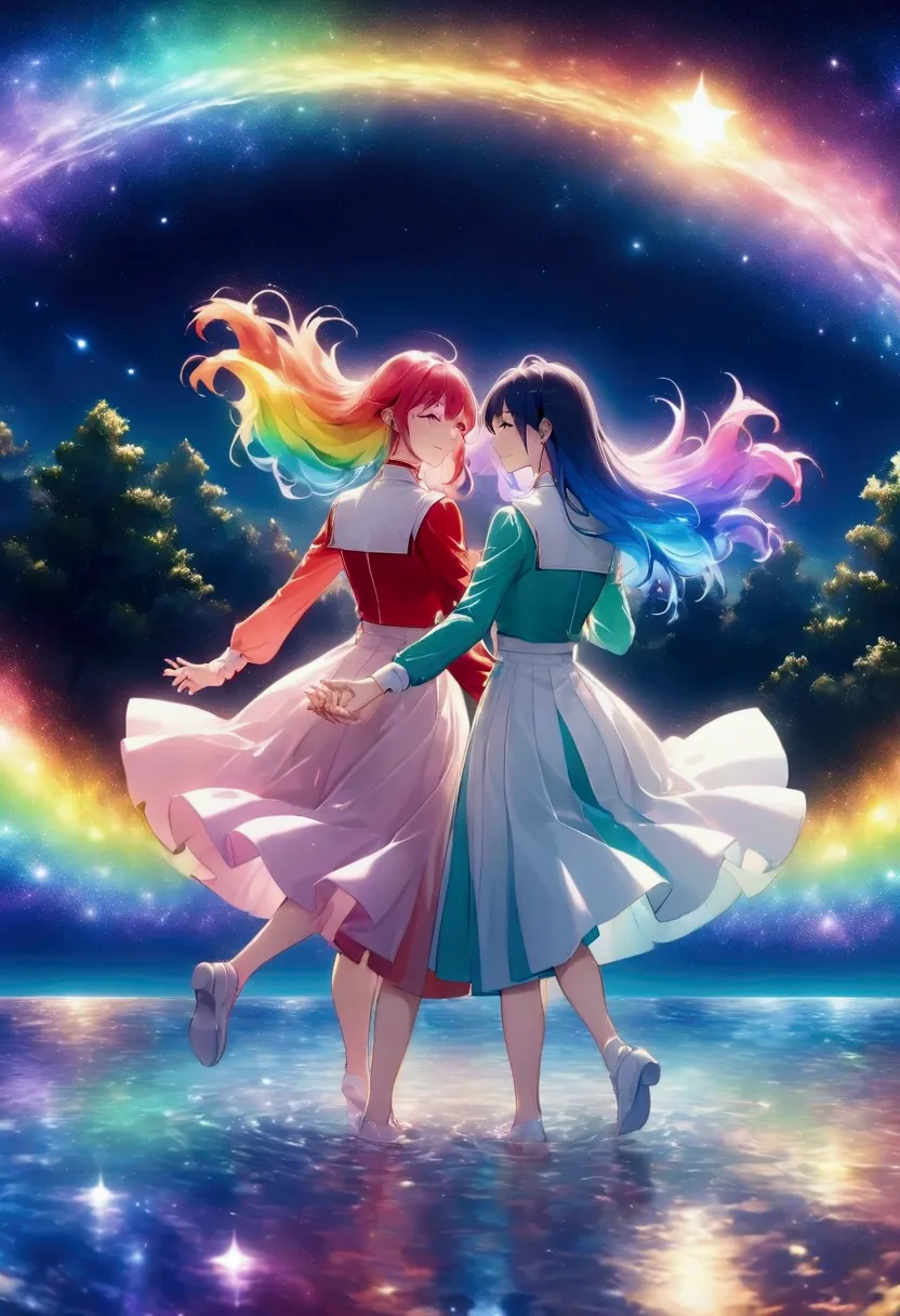 two women with their backs turned,holding hands,rainbow hair,long hair,uniform,the colors of the two skirts are symmetrical, mag...