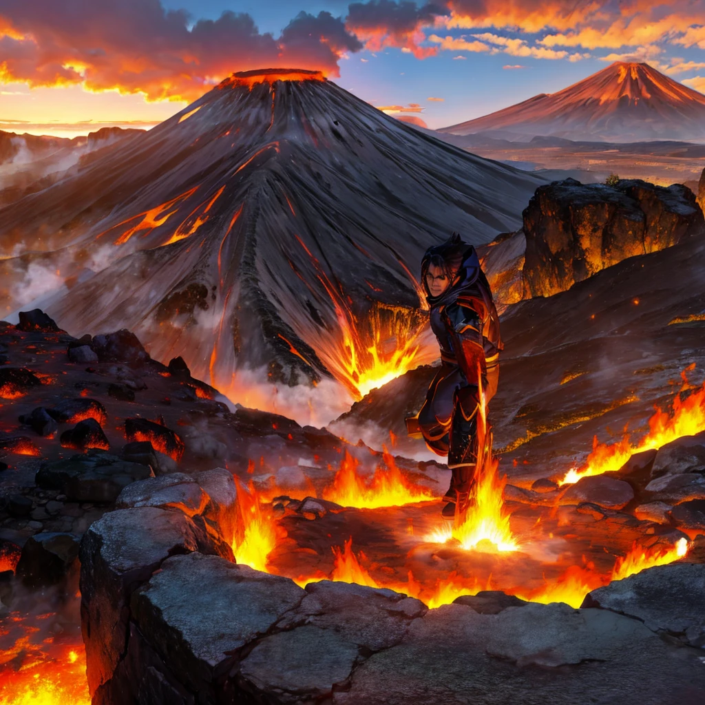 in fighting pose, on top of an active volcano, detailed