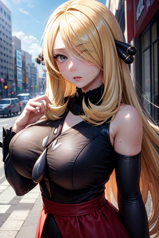 masterpiece, Highest quality, (Unreal Engine), reality:1.5, Super Resolution,  Very detailed, Complex, colorful, Clear images, Sharp focus, Digital Blending, 

Beautiful woman, character_pokemon_cynthia, cynthia, blonde hair, long hair, hair over one eye, hair ornament, very long hair, large breasts, wavy hair, grey eyes, Big Breasts, Perfect Eyes, Beautiful Eyes, Perfect Face, Ultra detailed hair, Ultra detailed face, Very detailed lips, Vivid expression, Healthy Body, Beautifully detailed sweat glands, Smooth skin texture, Beautiful Skin, Carefully drawn,

Dynamic pose, 

In the world of Pokemon, Outdoor, In the hustle and bustle of the city, ((Hasselblad Photos), Dynamic Angle), 

