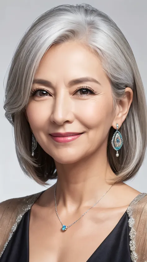 60 years old　mother　mature woman　lady　big earrings　bracelet　silver hair　realistic　ゴージャスなマダム美しいmature woman　sexy　smile　gentle wom...